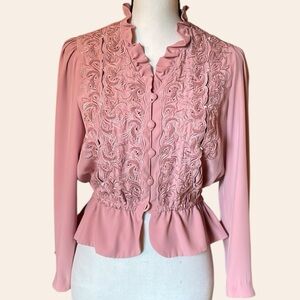 Hardy Amies Blouse Vintage Embroidered Long Sleeves Dusty Rose Blouse